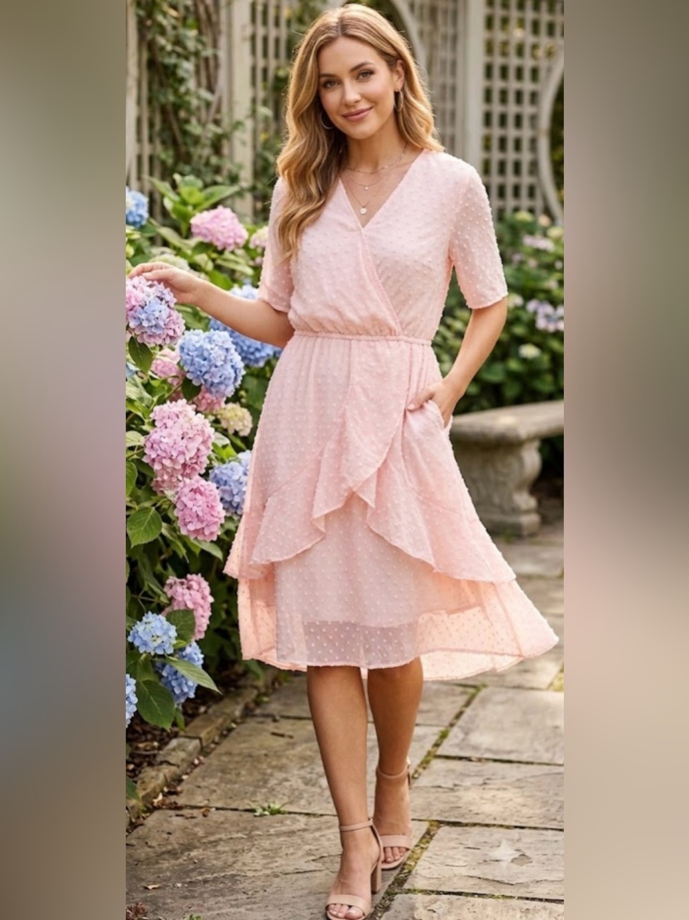 BTFBM Pink Rose Boho Ruffle Dress V-Neck Flared Sleeve Dotted, New